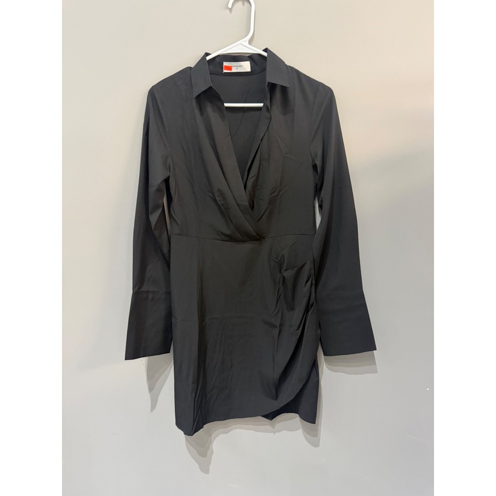 Halfheart Black Long Sleeve Wrap Mini Dress V-Neck Ruched Shirt Dress Small